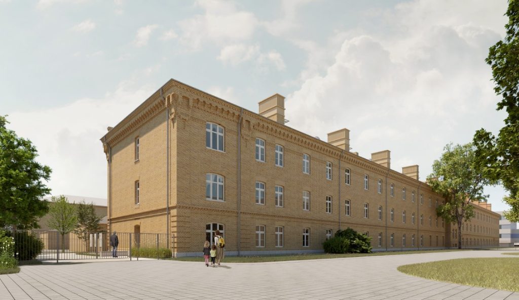 Wizualizacja nowej siedziby Narodowego Archiwum Cyfrowego, wyremontowany, ceglany budynek od frontu